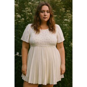 Vintage Wild Rose White Pleated Babydoll Beaded Top Mini Dress   Women's Size 14